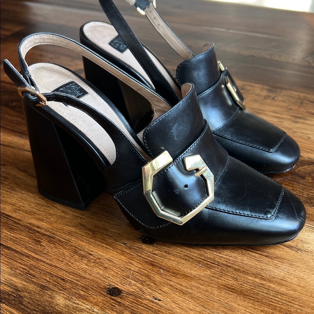 Louise eat CIE Black Leather Sling Back Loafer Pumps Block Heel Sz 7 - Picture 2 of 14